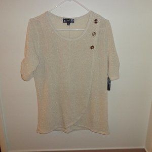 Misses Gold Accent & Gold Metallic Cream Short Sleeve Knit Top - Size M